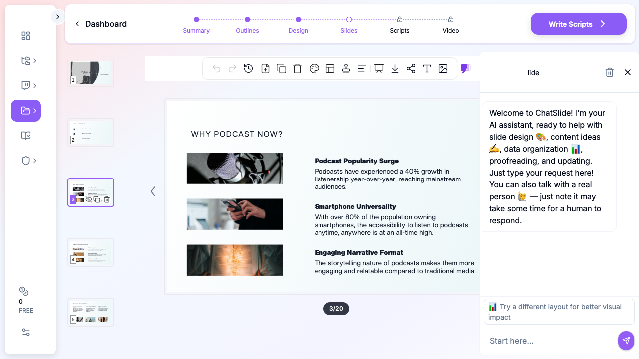 ChatSlide editor showing a slide deck with embedded images and the AI sidebar — the workflow most users wish Google Slides offered natively
