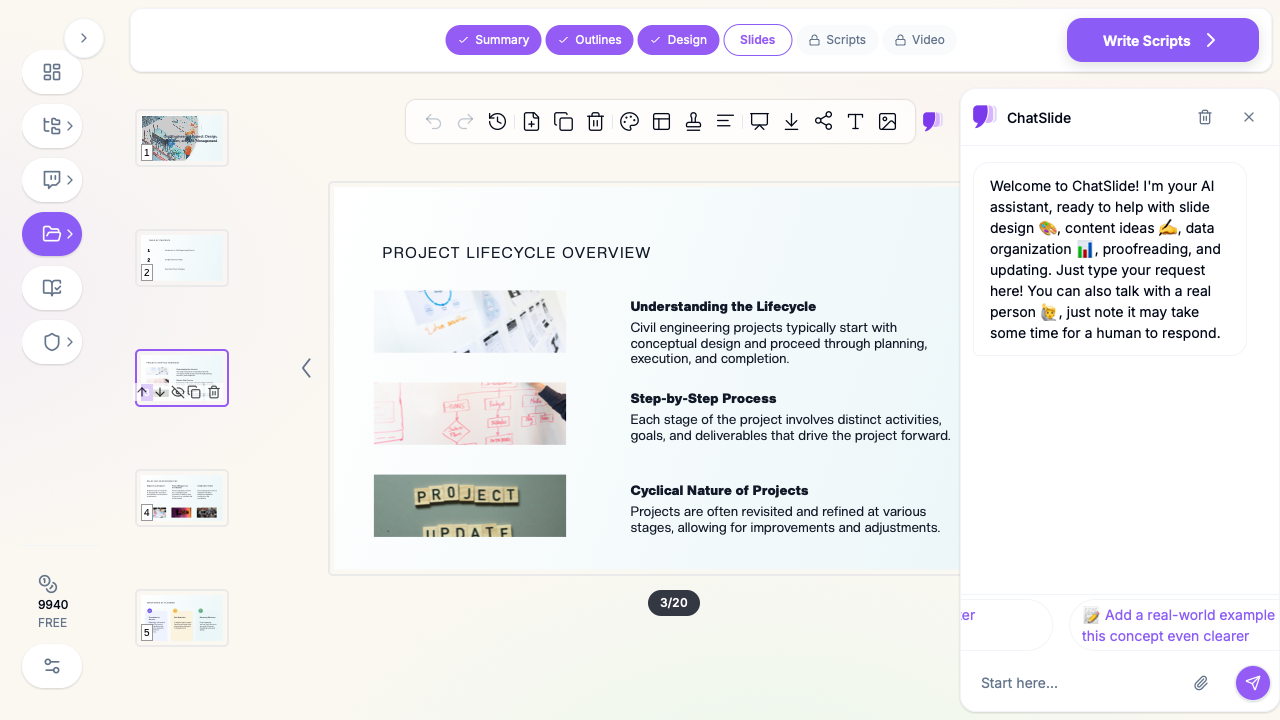 ChatSlide showing a civil engineering project lifecycle slide with design and execution phases