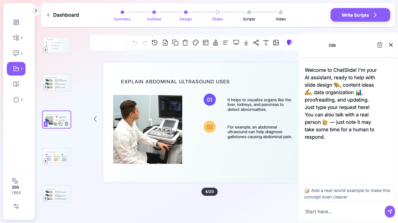 ChatSlide editor showing an abdominal ultrasound lecture slide explaining sonographic uses — visualizing the liver, kidneys, and pancreas to detect abnormalities