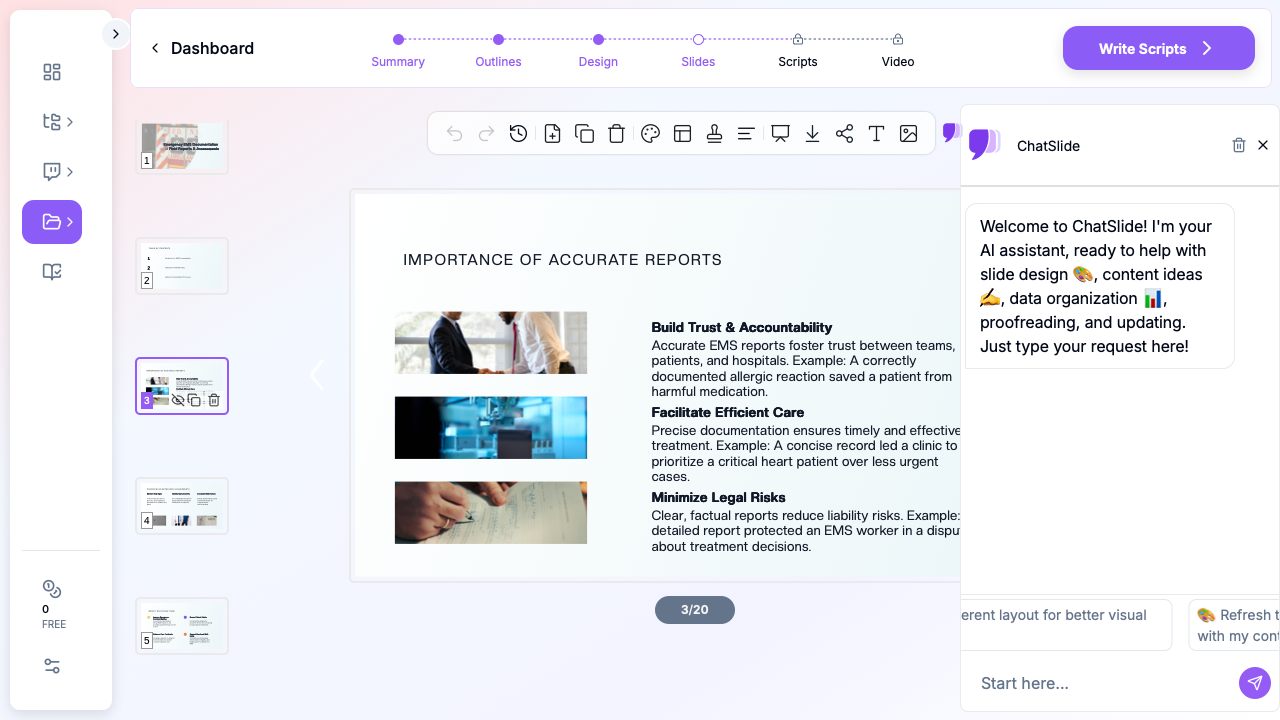 ChatSlide showing EMS documentation training slides with structured content