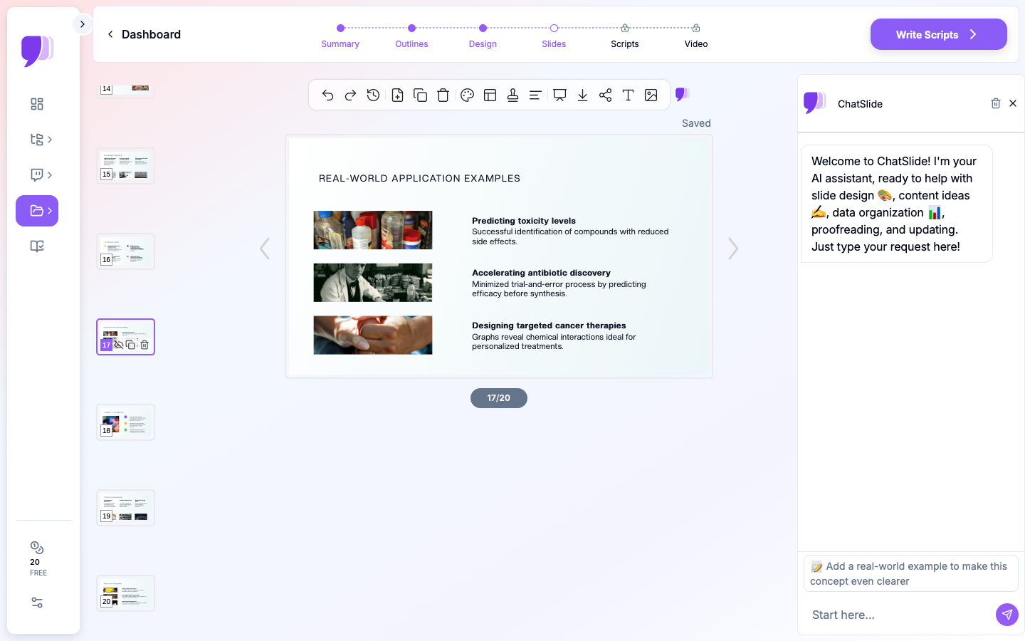 ChatSlide showing an event planning proposal with budget breakdown pie chart