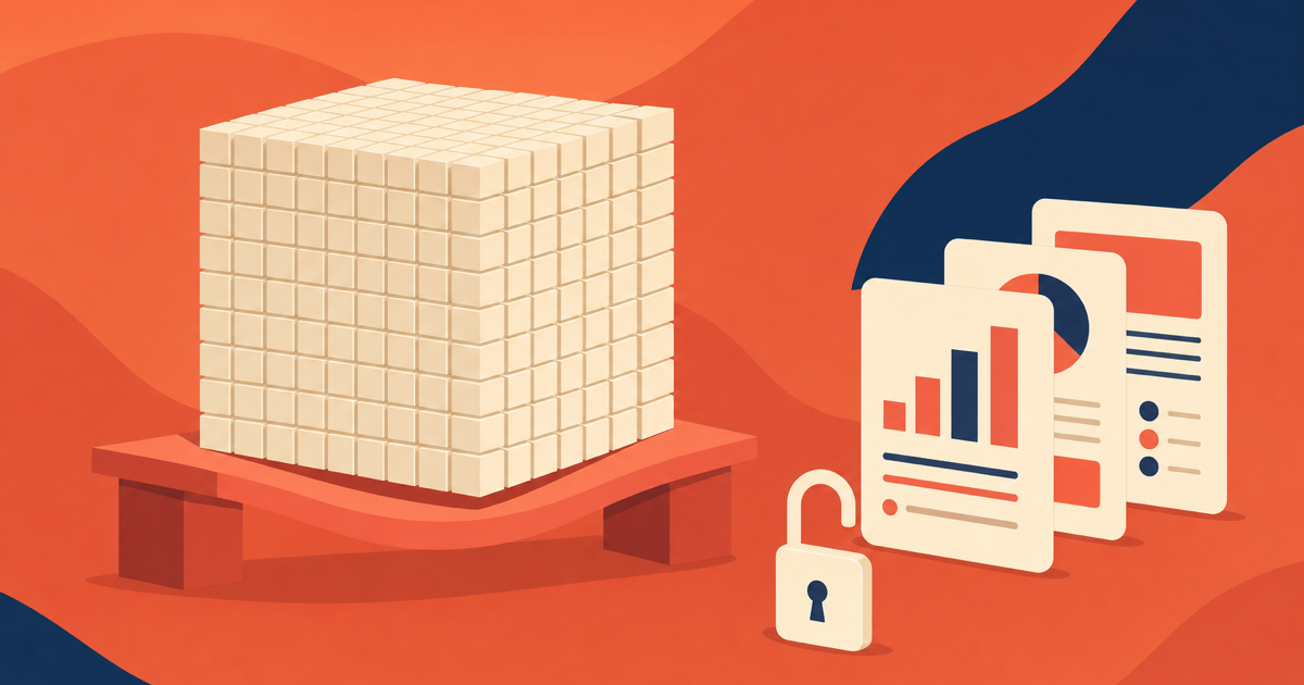 Illustration of an enormous block of model weights bowing the platform beneath it, beside an open padlock and a stack of presentation slides