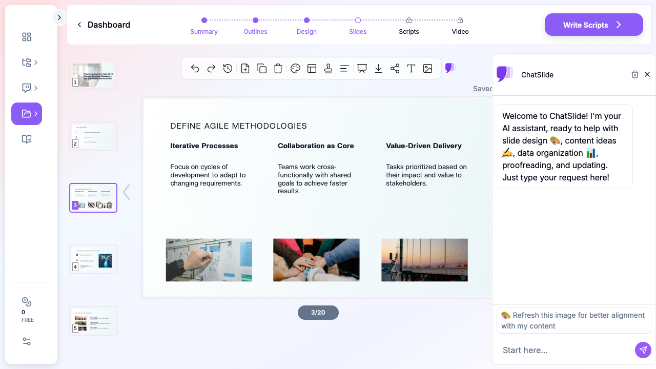 ChatSlide showing a project management presentation with sprint planning content